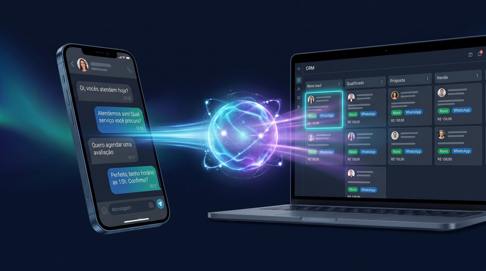 Kuma Tech - agente de IA no WhatsApp ligado ao CRM: a conversa no celular passa pela inteligência artificial e chega ao funil de vendas