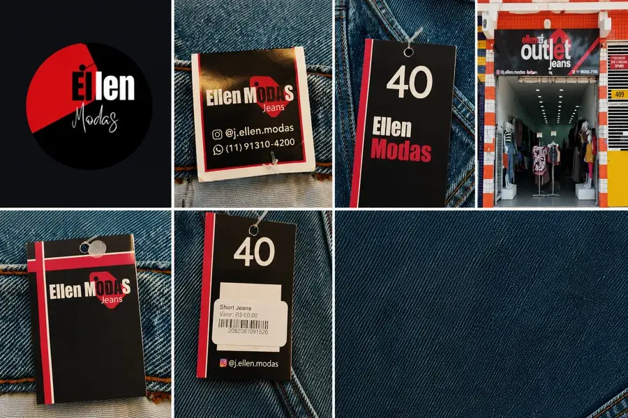 Antes: logo redondo preto e vermelho, etiquetas e fachada com estilos diferentes