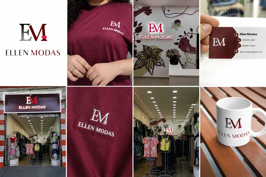 Depois: monograma EM em vinho na fachada, na camiseta, no cartão e na caneca