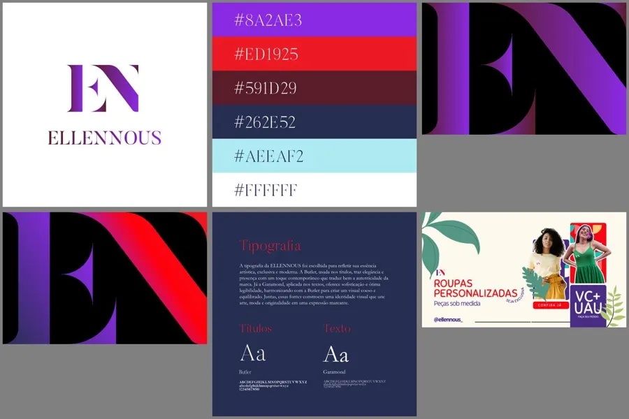 Antes: monograma EN serifado em roxo, paleta e tipografia Butler e Garamond