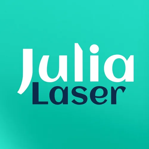 Logo Julia Laser: Julia em branco e Laser em azul-marinho sobre turquesa